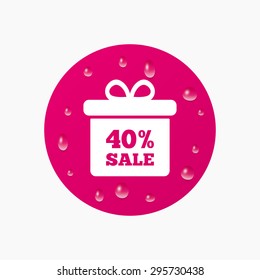 Water drops on button. 40% sale gift box tag sign icon. Discount symbol. Special offer label. Realistic pure raindrops. Pink circle. Vector