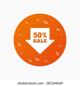 Water drops on button. 50% sale arrow tag sign icon. Discount symbol. Special offer label. Realistic pure raindrops. Orange circle. Vector