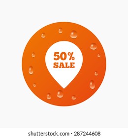 Water drops on button. 50% sale pointer tag sign icon. Discount symbol. Special offer label. Realistic pure raindrops. Orange circle. Vector