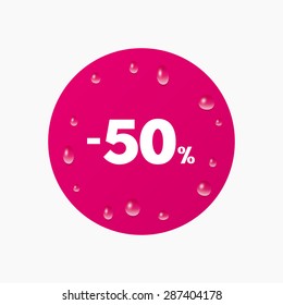 Water drops on button. 50 percent discount sign icon. Sale symbol. Special offer label. Realistic pure raindrops. Pink circle. Vector