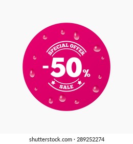Water drops on button. 50 percent discount sign icon. Sale symbol. Special offer label. Realistic pure raindrops. Pink circle. Vector