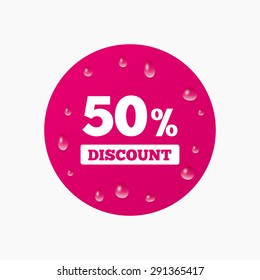 Water drops on button. 50 percent discount sign icon. Sale symbol. Special offer label. Realistic pure raindrops. Pink circle. Vector