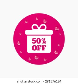 Water drops on button. 50% sale gift box tag sign icon. Discount symbol. Special offer label. Realistic pure raindrops. Pink circle. Vector