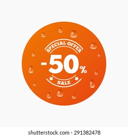 Water drops on button. 50 percent discount sign icon. Sale symbol. Special offer label. Realistic pure raindrops. Orange circle. Vector