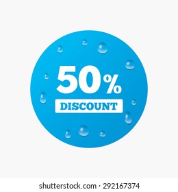 Water drops on button. 50 percent discount sign icon. Sale symbol. Special offer label. Realistic pure raindrops. Blue circle. Vector