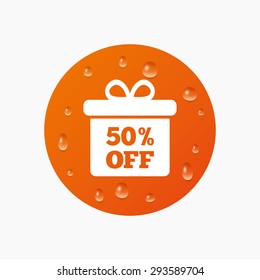 Water drops on button. 50% sale gift box tag sign icon. Discount symbol. Special offer label. Realistic pure raindrops. Orange circle. Vector