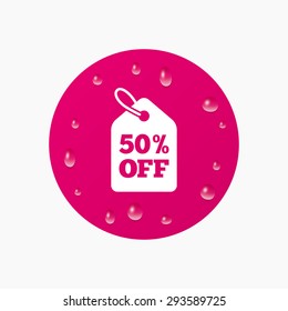Water drops on button. 50% sale price tag sign icon. Discount symbol. Special offer label. Realistic pure raindrops. Pink circle. Vector