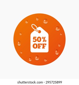 Water drops on button. 50% sale price tag sign icon. Discount symbol. Special offer label. Realistic pure raindrops. Orange circle. Vector