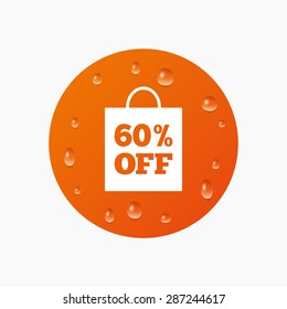 Water drops on button. 60% sale bag tag sign icon. Discount symbol. Special offer label. Realistic pure raindrops. Orange circle. Vector
