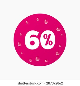 Water drops on button. 60 percent discount sign icon. Sale symbol. Special offer label. Realistic pure raindrops. Pink circle. Vector