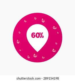 Water drops on button. 60% sale pointer tag sign icon. Discount symbol. Special offer label. Realistic pure raindrops. Pink circle. Vector
