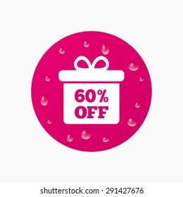 Water drops on button. 60% sale gift box tag sign icon. Discount symbol. Special offer label. Realistic pure raindrops. Pink circle. Vector