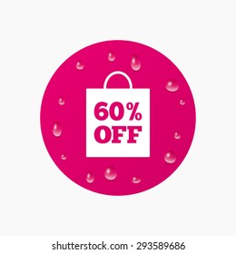 Water drops on button. 60% sale bag tag sign icon. Discount symbol. Special offer label. Realistic pure raindrops. Pink circle. Vector