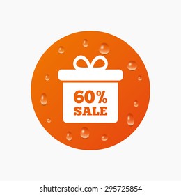 Water drops on button. 60% sale gift box tag sign icon. Discount symbol. Special offer label. Realistic pure raindrops. Orange circle. Vector