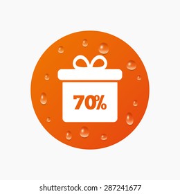 Water drops on button. 70% sale gift box tag sign icon. Discount symbol. Special offer label. Realistic pure raindrops. Orange circle. Vector