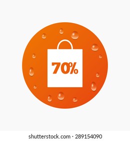 Water drops on button. 70% sale bag tag sign icon. Discount symbol. Special offer label. Realistic pure raindrops. Orange circle. Vector