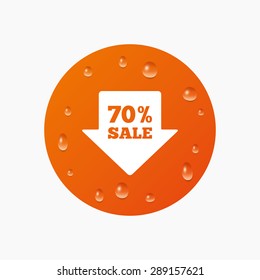 Water drops on button. 70% sale arrow tag sign icon. Discount symbol. Special offer label. Realistic pure raindrops. Orange circle. Vector