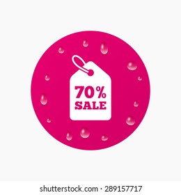 Water drops on button. 70% sale price tag sign icon. Discount symbol. Special offer label. Realistic pure raindrops. Pink circle. Vector