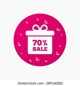 Water drops on button. 70% sale gift box tag sign icon. Discount symbol. Special offer label. Realistic pure raindrops. Pink circle. Vector