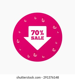 Water drops on button. 70% sale arrow tag sign icon. Discount symbol. Special offer label. Realistic pure raindrops. Pink circle. Vector