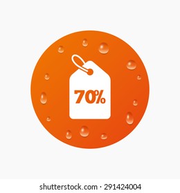 Water drops on button. 70% sale price tag sign icon. Discount symbol. Special offer label. Realistic pure raindrops. Orange circle. Vector