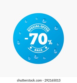 Water drops on button. 70 percent discount sign icon. Sale symbol. Special offer label. Realistic pure raindrops. Blue circle. Vector