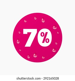 Water drops on button. 70 percent discount sign icon. Sale symbol. Special offer label. Realistic pure raindrops. Pink circle. Vector