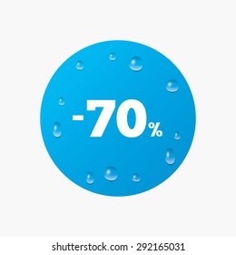 Water drops on button. 70 percent discount sign icon. Sale symbol. Special offer label. Realistic pure raindrops. Blue circle. Vector