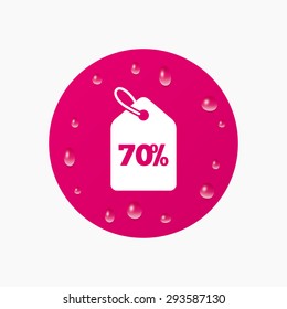Water drops on button. 70% sale price tag sign icon. Discount symbol. Special offer label. Realistic pure raindrops. Pink circle. Vector
