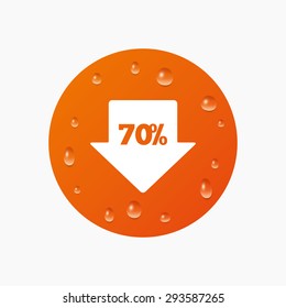 Water drops on button. 70% sale arrow tag sign icon. Discount symbol. Special offer label. Realistic pure raindrops. Orange circle. Vector