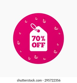 Water drops on button. 70% sale price tag sign icon. Discount symbol. Special offer label. Realistic pure raindrops. Pink circle. Vector