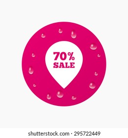 Water drops on button. 70% sale pointer tag sign icon. Discount symbol. Special offer label. Realistic pure raindrops. Pink circle. Vector