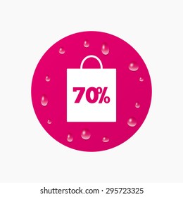 Water drops on button. 70% sale bag tag sign icon. Discount symbol. Special offer label. Realistic pure raindrops. Pink circle. Vector
