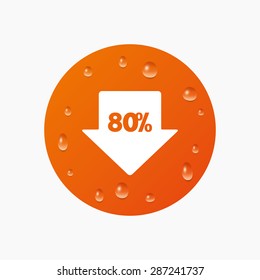 Water drops on button. 80% sale arrow tag sign icon. Discount symbol. Special offer label. Realistic pure raindrops. Orange circle. Vector