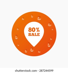 Water drops on button. 80% sale pointer tag sign icon. Discount symbol. Special offer label. Realistic pure raindrops. Orange circle. Vector