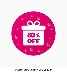 Water drops on button. 80% sale gift box tag sign icon. Discount symbol. Special offer label. Realistic pure raindrops. Pink circle. Vector