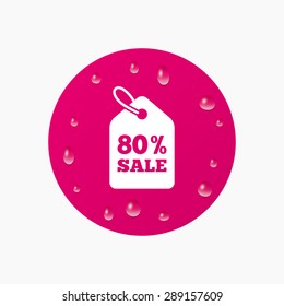 Water drops on button. 80% sale price tag sign icon. Discount symbol. Special offer label. Realistic pure raindrops. Pink circle. Vector