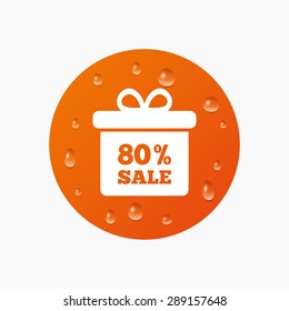Water drops on button. 80% sale gift box tag sign icon. Discount symbol. Special offer label. Realistic pure raindrops. Orange circle. Vector