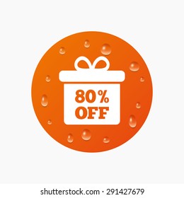 Water drops on button. 80% sale gift box tag sign icon. Discount symbol. Special offer label. Realistic pure raindrops. Orange circle. Vector