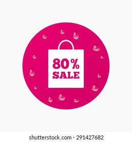 Water drops on button. 80% sale bag tag sign icon. Discount symbol. Special offer label. Realistic pure raindrops. Pink circle. Vector