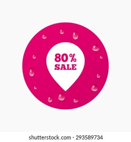 Water drops on button. 80% sale pointer tag sign icon. Discount symbol. Special offer label. Realistic pure raindrops. Pink circle. Vector