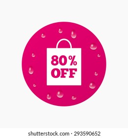 Water drops on button. 80% sale bag tag sign icon. Discount symbol. Special offer label. Realistic pure raindrops. Pink circle. Vector