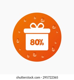 Water drops on button. 80% sale gift box tag sign icon. Discount symbol. Special offer label. Realistic pure raindrops. Orange circle. Vector