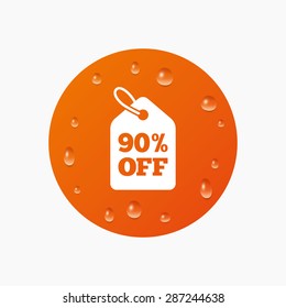 Water drops on button. 90% sale price tag sign icon. Discount symbol. Special offer label. Realistic pure raindrops. Orange circle. Vector