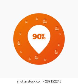Water drops on button. 90% sale pointer tag sign icon. Discount symbol. Special offer label. Realistic pure raindrops. Orange circle. Vector