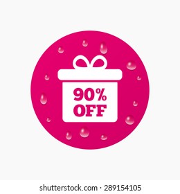 Water drops on button. 90% sale gift box tag sign icon. Discount symbol. Special offer label. Realistic pure raindrops. Pink circle. Vector