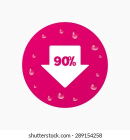 Water drops on button. 90% sale arrow tag sign icon. Discount symbol. Special offer label. Realistic pure raindrops. Pink circle. Vector