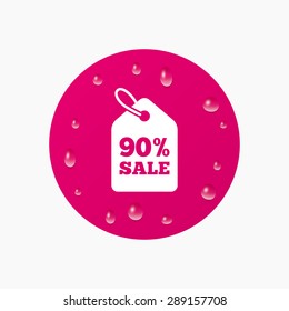 Water drops on button. 90% sale price tag sign icon. Discount symbol. Special offer label. Realistic pure raindrops. Pink circle. Vector