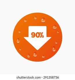 Water drops on button. 90% sale arrow tag sign icon. Discount symbol. Special offer label. Realistic pure raindrops. Orange circle. Vector
