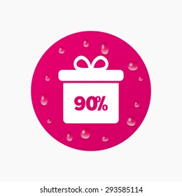 Water drops on button. 90% sale gift box tag sign icon. Discount symbol. Special offer label. Realistic pure raindrops. Pink circle. Vector